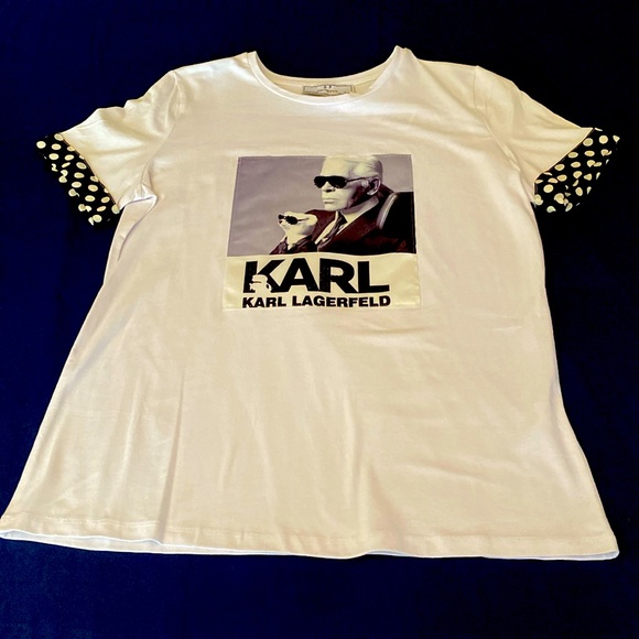 NWT white & Black Tee Top Satin Appliqué Icon Karl Lagerfeld Black Embellishment - Picture 1 of 16